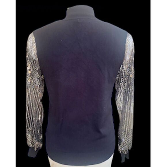 Tahari Sheer Sequin Sleeve Mock Neck Top Sz L Holidays, New Years Eve - Picture 4 of 10